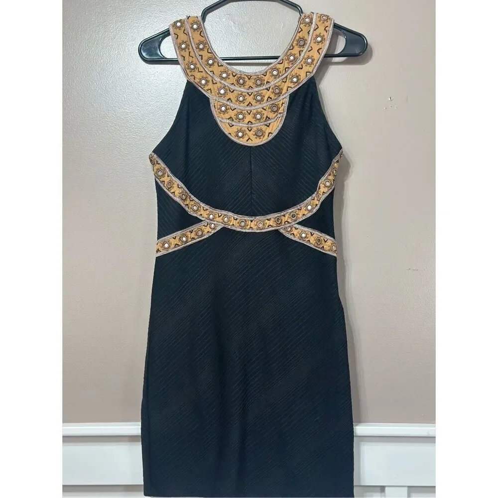 Free People Egyptian Nefertiti Embellished Black Mini Dress Women's Small